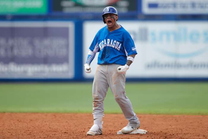 SF Giants prospect Ismael Munguia celebrates while playing for Nicaragua at the WBSC qualifier series. (2021